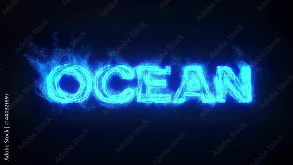 Poster glowing blue text spelling 'ocean' against a dark background, creating a vibrant and dynamic visual 