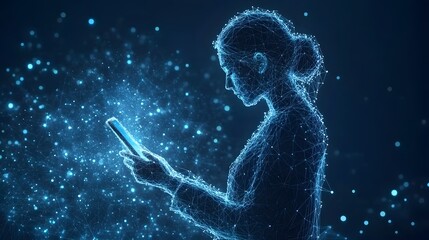 Futuristic digital woman gazes at a glowing blue smartphone. Connected lines and blue dots create a modern, tech-forward scene. Conceptual tech and connectivity abstract wireframe in dark blue.