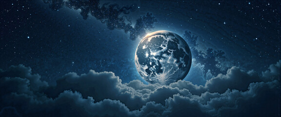 Majestic Night Sky Full Moon Above Clouds Stars and Nebulae