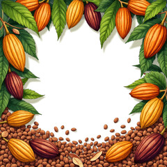 Cacao pods, beans, and leaves frame white space