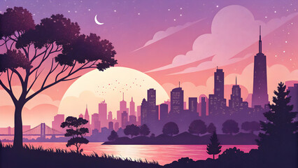 Fototapeta premium Vibrant Sunset Over City Skyline with Silhouetted Trees