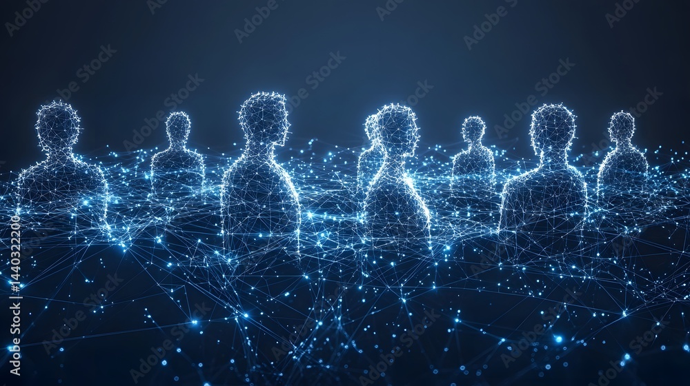 Poster interconnected digital human figures glow against dark blue, illustrating networks. emphasizes data 