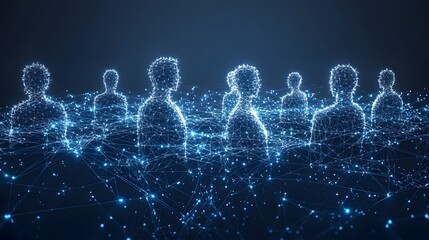 Interconnected digital human figures glow against dark blue, illustrating networks. Emphasizes data sharing and digital communication. Abstract wireframe in dark blue.