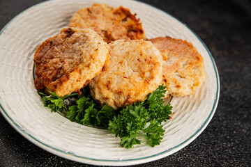 Meat cutlets pork, beef, chicken, lamb fried meat dish fresh delicious gourmet food background on the table rustic food top view copy space