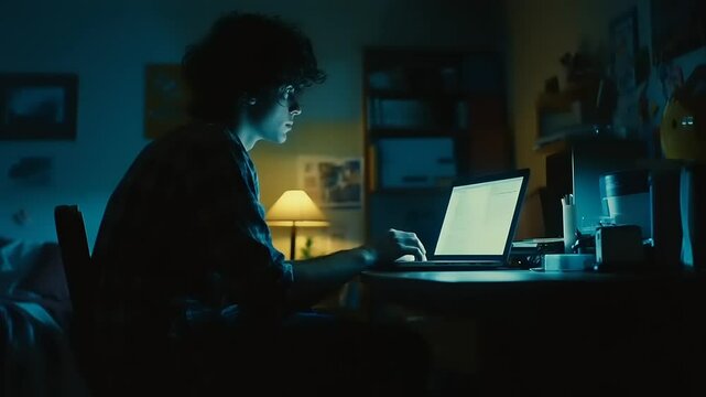 Teenager studying late at night