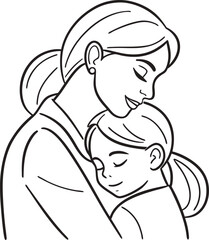 One-line vector drawing of mother hugging daughter, front view, minimal vector line art, centered composition, clean stroke, no face, soft neutral background, emotional modern style, black line design