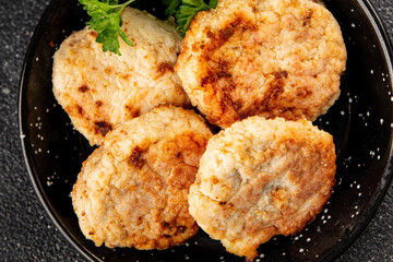 Meat cutlets pork, beef, chicken, lamb fried meat dish fresh delicious gourmet food background on the table rustic food top view copy space