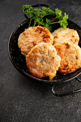 Meat cutlets pork, beef, chicken, lamb fried meat dish fresh delicious gourmet food background on the table rustic food top view copy space