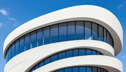 Fototapeta premium A modern white building featuring elegant curved windows that reflect sunlight, surrounded by lush greenery and a clear blue sky, creating a serene atmosphere.