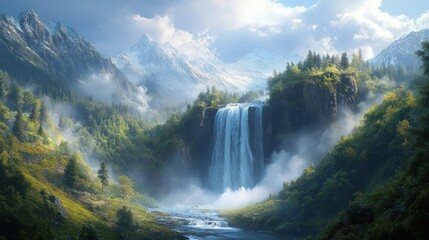 Fototapeta premium Majestic Waterfall in a Dreamlike Mountain Valley