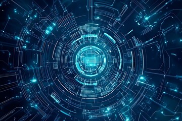 Abstract close-up of a glowing blue digital circuit board, showcasing intricate connections and technological design on a black background.
