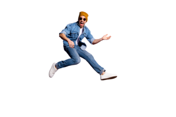 Full length body size photo of excited guitarist jumping up running fast playing guitar wearing jeans denim trendy stylish isolated over purple vibrant color background