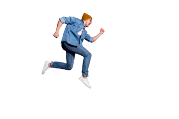 Full length body size photo of screaming fast quick running man in aspiration for discounted goods jumping up isolated over vivid purple color background