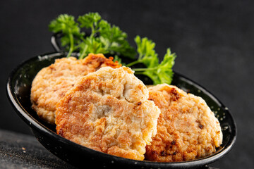 Meat cutlets pork, beef, chicken, lamb fried meat dish fresh delicious gourmet food background on the table rustic food top view copy space