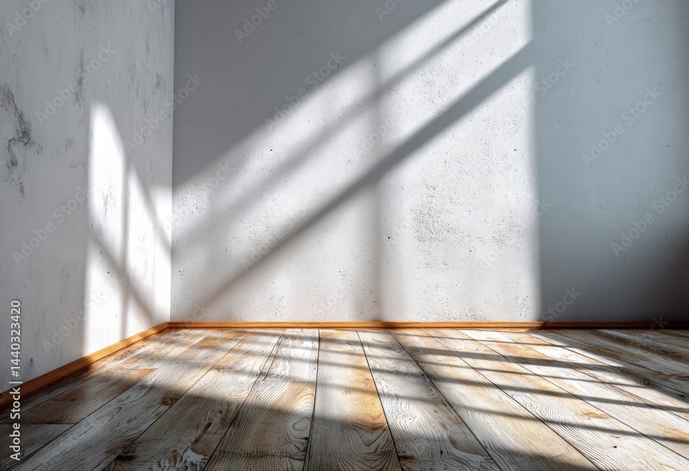 Poster sunlight streams through a window, casting shadows on a wooden floor in an empty, minimalist room wi