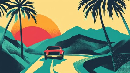 Retro illustration of a red car driving on a road with palm trees and mountains at sunset. Concept of travel, vacation, and summer.