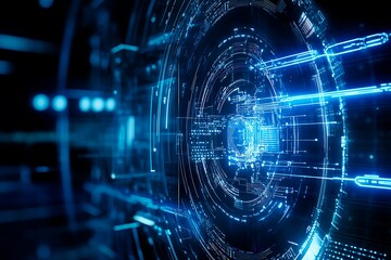 Abstract close-up of a glowing blue digital circuit board, showcasing intricate connections and technological design on a black background.
