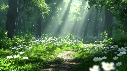 Obraz premium Sunlit forest path lined with blooming flowers.