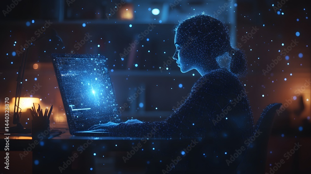 Fototapete futuristic scene featuring a woman working on a laptop, both rendered in glowing blue lines. data st