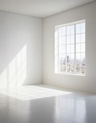 Fototapeta premium A bright, airy white room featuring expansive floor-to-ceiling windows that flood the space with natural light, complemented by a sleek white floor.