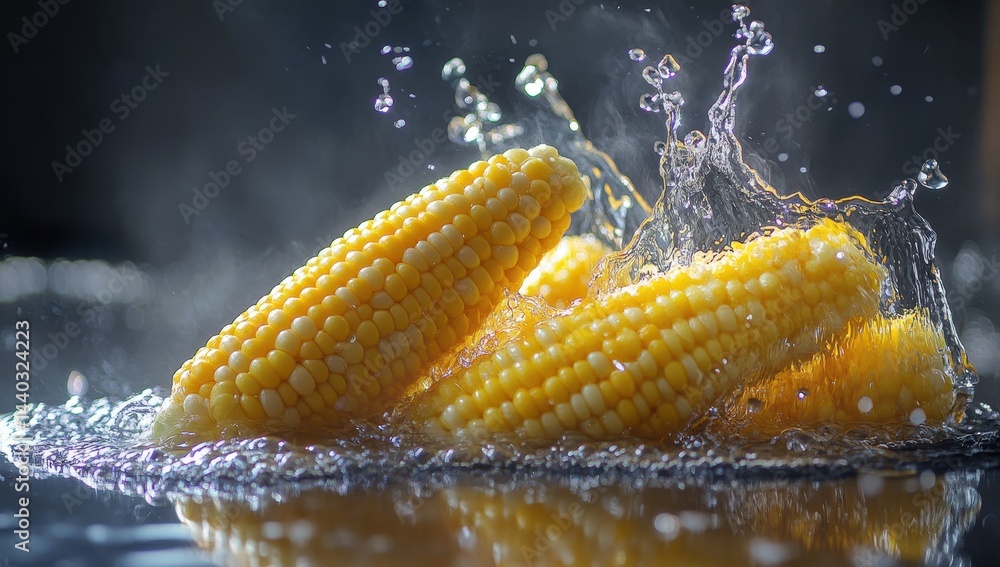 Poster freshly picked corn cobs splash into water creating dynamic droplets and a vibrant display of yellow