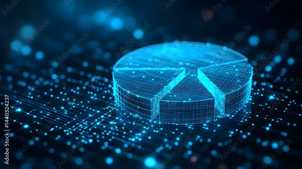 Poster Futuristic blue wireframe pie chart hovers above a glowing circuit board floor. Bokeh lights add depth, ideal for data visualization or tech concepts. Abstract wireframe in dark blue