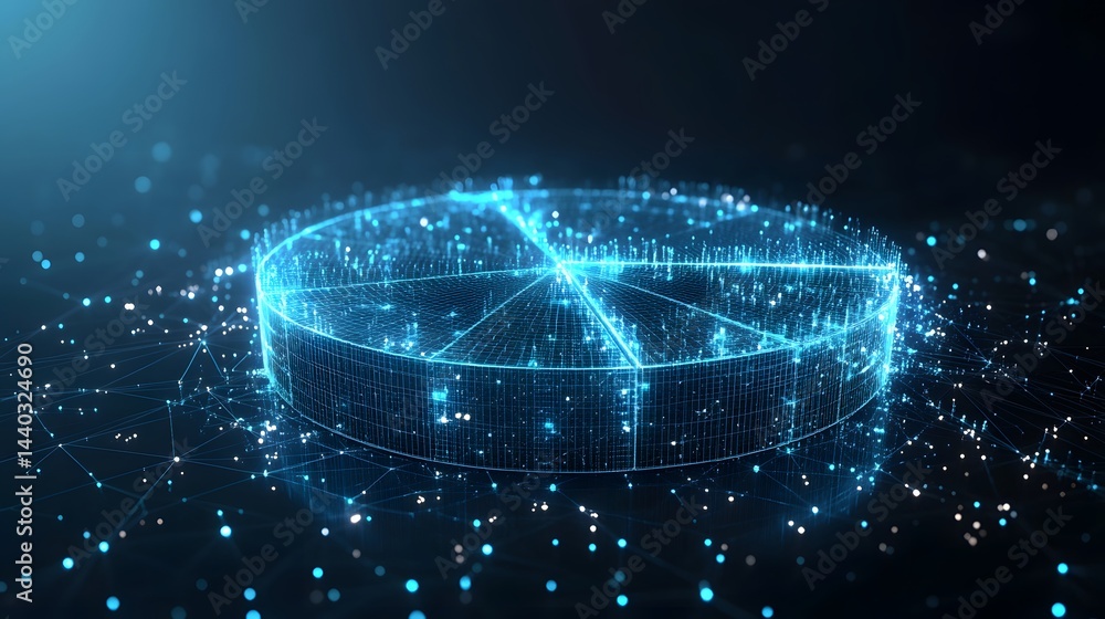 Fototapete Futuristic 3D pie chart with glowing blue grid lines and data points. High-tech aesthetic, data analysis visualization. Modern digital design with connected network. Abstract wireframe in dark blue.