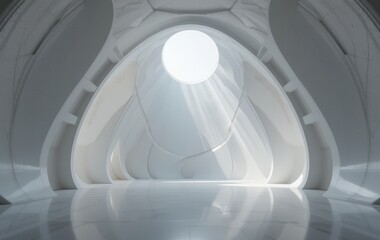 A bright white tunnel illuminated by soft, diffused light streaming through its entrance, creating an ethereal and inviting atmosphere.