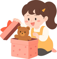 Girl opening a gift box with a teddy bear inside, Vector