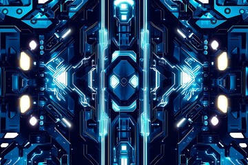 Abstract close-up of a glowing blue digital circuit board, showcasing intricate connections and technological design on a black background.
