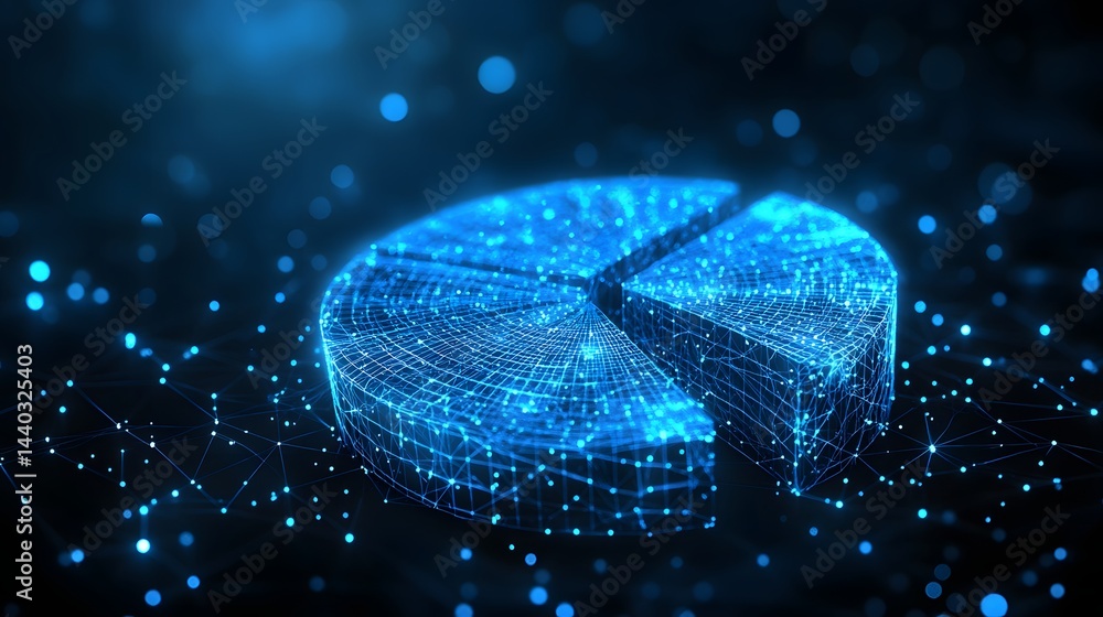 Aufkleber Futuristic pie chart crafted from interconnected blue lines and dots, illuminated against a dark backdrop. Glowing network enhances the abstract data visualization. Abstract wireframe in dark blue.
