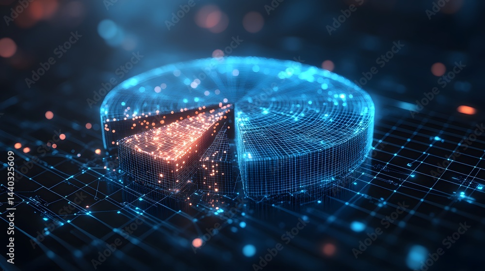 Leinwandbilder futuristic pie chart with a glowing blue grid and vibrant orange slice. digital interface with bokeh