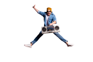 Full length body size photo of cheerful trendy stylish attractive doing splits rejoicing with having won brown cap headwear recorder screaming isolated over purple vivid color background