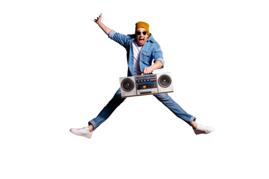 Full length body size photo of cheerful trendy stylish attractive doing splits rejoicing with having won brown cap headwear recorder screaming isolated over purple vivid color background