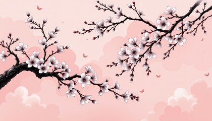 A delicate and intricate monochrome cherry blossom design set against a soft pastel background, exuding serenity and elegance.