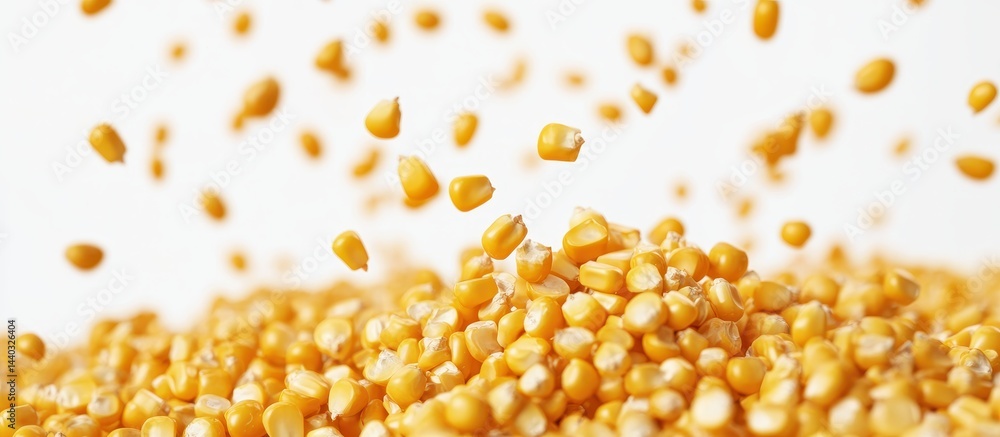 Poster golden corn kernels falling from above creating dynamic energy and texture, isolated on white backgr