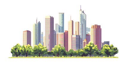 Fototapeta premium Pixel art city skyline with tall buildings isolated on white background 