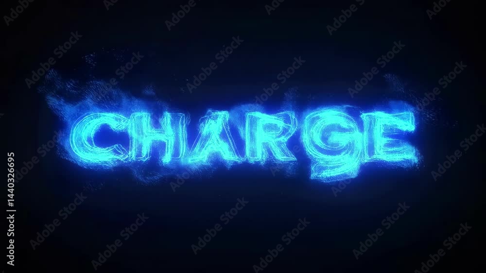 Poster dynamic glowing text effect of the word 'charge' with vibrant blue particles and a dark background