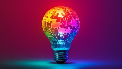 Vivid colorful light bulb with puzzle motif, glowing against a dynamic gradient background, representing creativity, diversity, and innovation, ultradetailed art