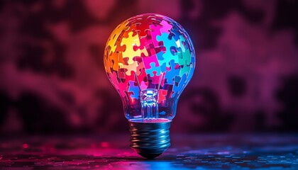 Vivid colorful light bulb with puzzle motif, glowing against a dynamic gradient background, representing creativity, diversity, and innovation, ultradetailed art