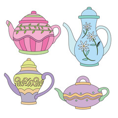 Cute teapots collection. Cozy tea pots, kettles, kitchenware, crockery designs with floral prints, patterns. Teakettles in modern vintage style. Flat vector illustration isolated on white background