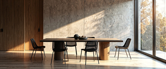 Modern Minimalist Dining Room Interior Design with Wooden Table and Black Mesh Chairs