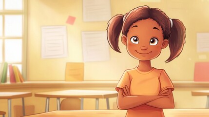 Student, A girl with a smile on her face is standing in front of a classroom