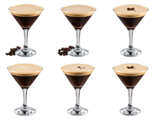 Espresso Martini cocktail with coffee bean garnish transparent PNG set bundle, isolated background.