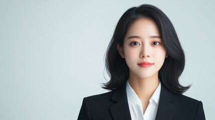 A professional studio portrait of an Asian woman standing tall, exuding confidence with a subtle smile. Her tailored outfit adds a formal yet stylish touch. The simple white background enhances the