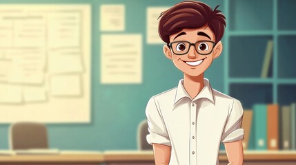 Student, A cartoon boy is smiling and wearing glasses