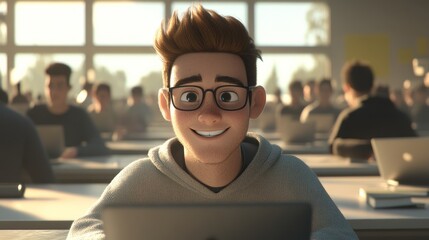 Student, A cartoon boy with glasses is sitting at a desk with a laptop