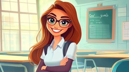 Student, A cartoon girl is smiling in front of a chalkboard with the words "Civics" writt