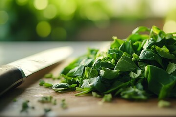 Sliced Fresh Spinach Pile and Knife on Wood Cutting Board for Salad Preparation