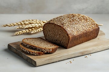 Sliced Seeded Rye Bread Loaf on Wooden Board with Wheat Stalks and Bright Background